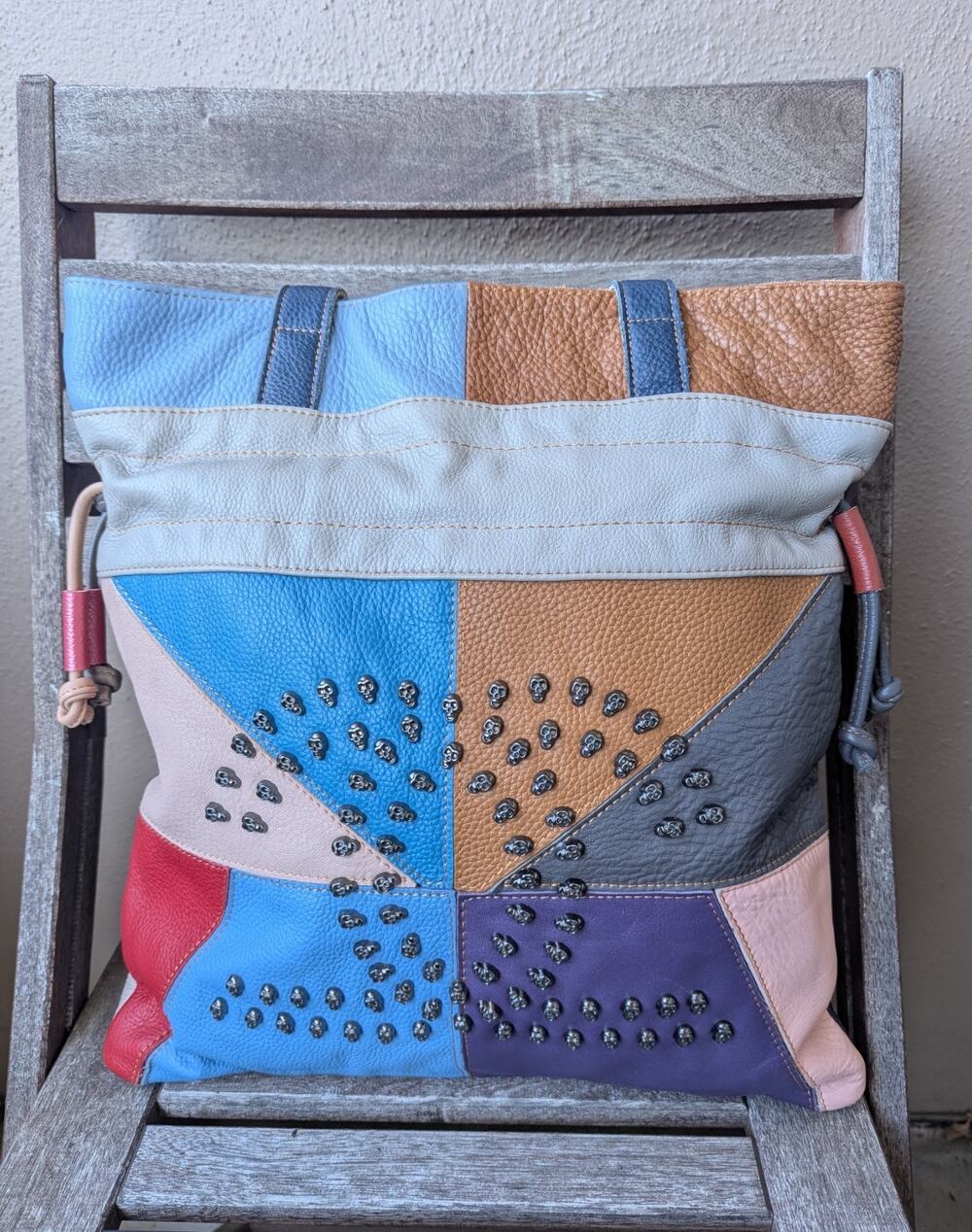 💜AmeriLeather Patchwork Leather Skull Studded Tote